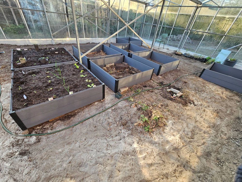 Overzichtje van de acht te vullen kweekbakken. Langs de zijkanten komen borders voor groenten en kruiden.