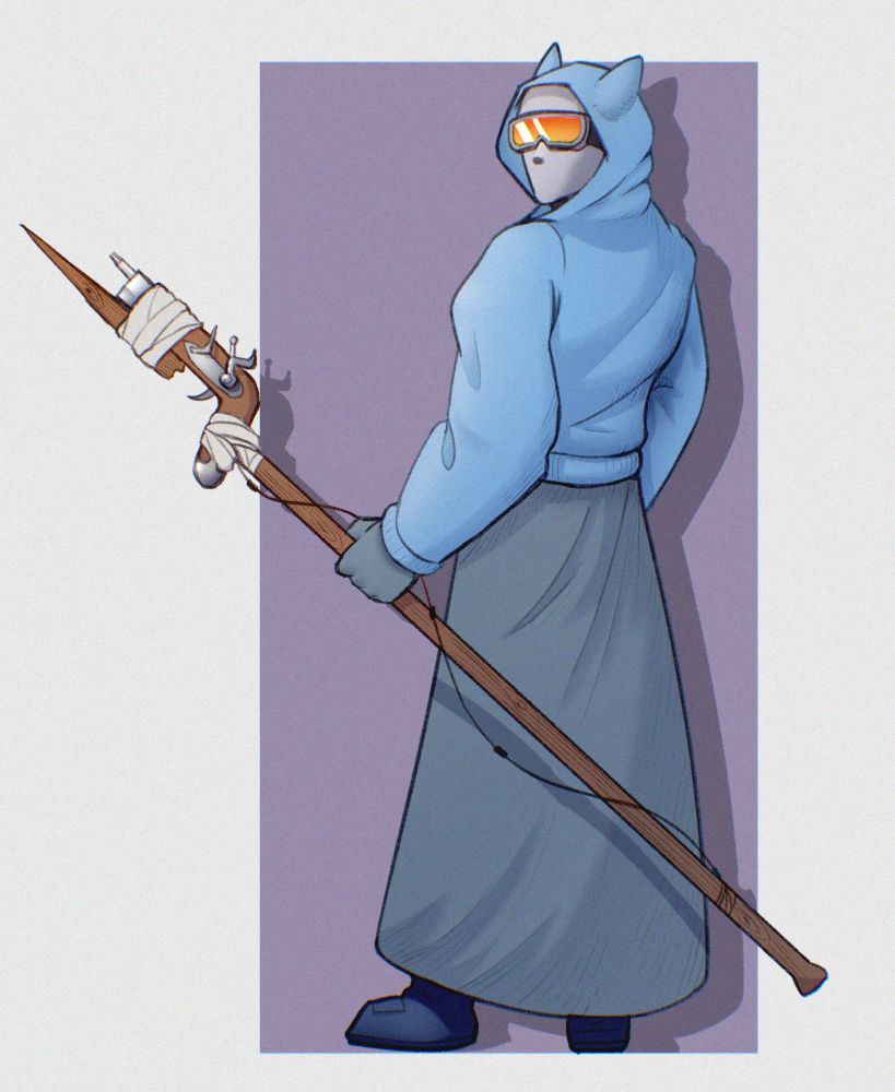 The character "Kitten" from Hunter: The Parenting. He wears heavy clothing with cat ears sewn onto his hoodie. He is featured turning back towards the camera, holding his gun-stake-spear tightly. 