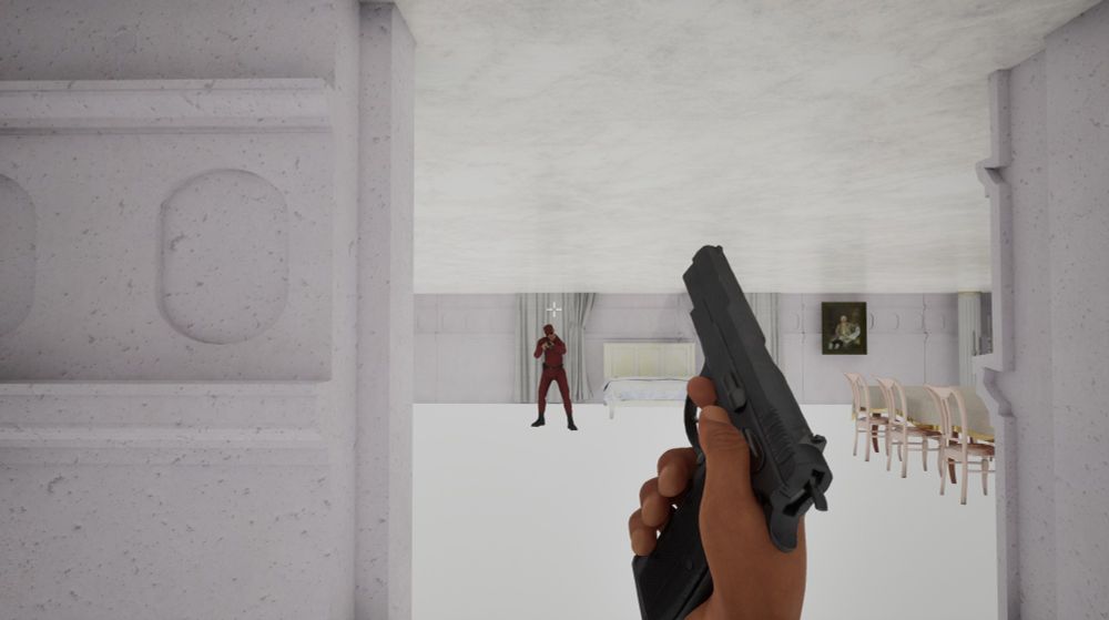 Picture of a CZ75 being reloaded in a 2001-esque white room