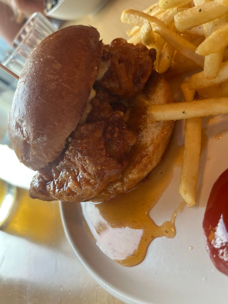Hot honey bird. Fried so crispy. With honey. And housemate pickles. 