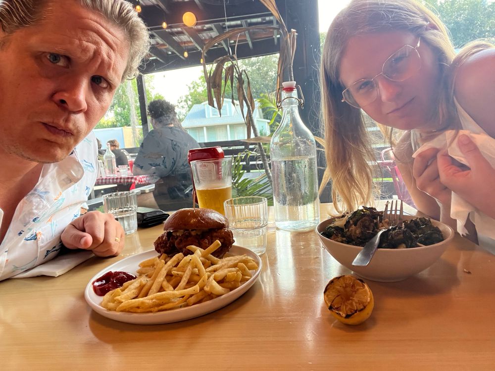 Selfie of me and K3 with our dinner. 