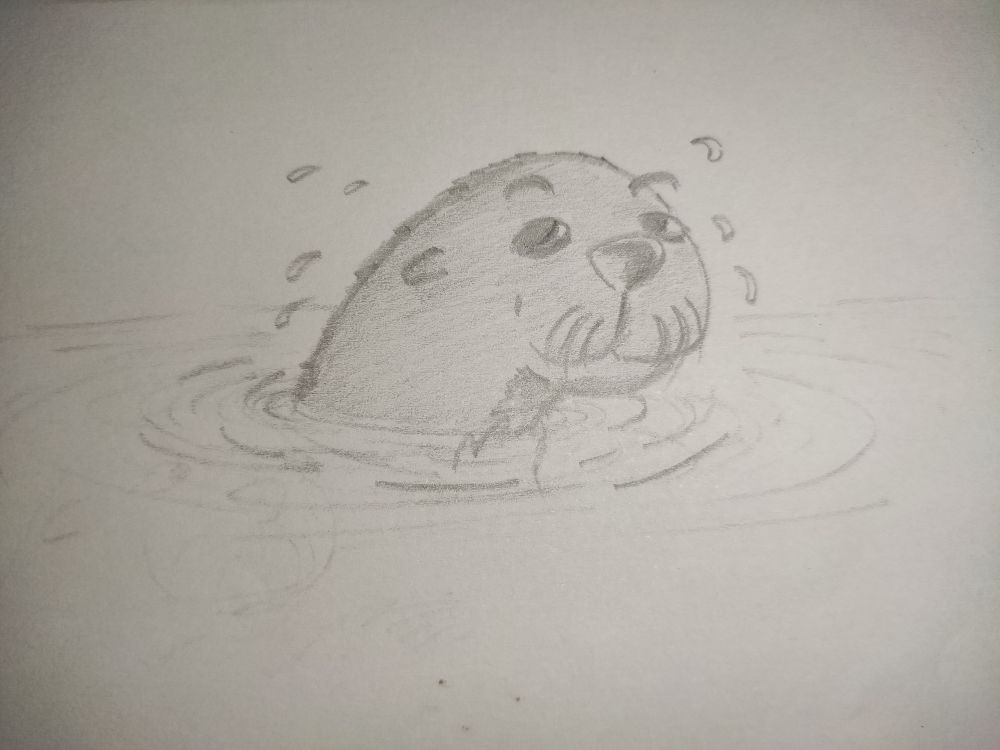Desenho num estilo mais infantil de uma lontra com a cabeça fora da água. Há gotinhas pingando, o bigode aparece escovado para baixo e as sobrancelhas ultrapassam os limites da cabeça, privilegiando a expressão mais bondosa dos olhos. O focinho é grande.