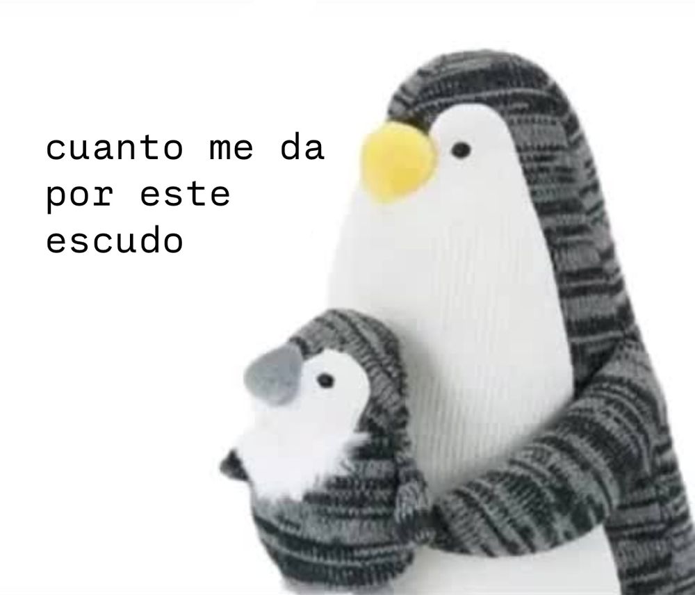 Imagem do meme "patrisio se fuerte". Um pinguim adulto segura seu filhote. Ao lado, está escrito em espanhol "quanto me dá por este escudo".