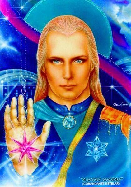Meme. Ilustração de Ashtar Sheran, "comandante estelar" de cultura new age, feita em estilo cafona e com cores super saturadas. Ele é um homem loiro com cabelos compridos para trás e tem uma mão aberta erguida com um brilho lilás, uma estrela de sete pontas.
