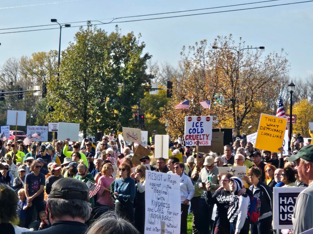Crowd of people in a park carrying protest signs saying, "Ice Cold Cruelty No Kings" and similar. 