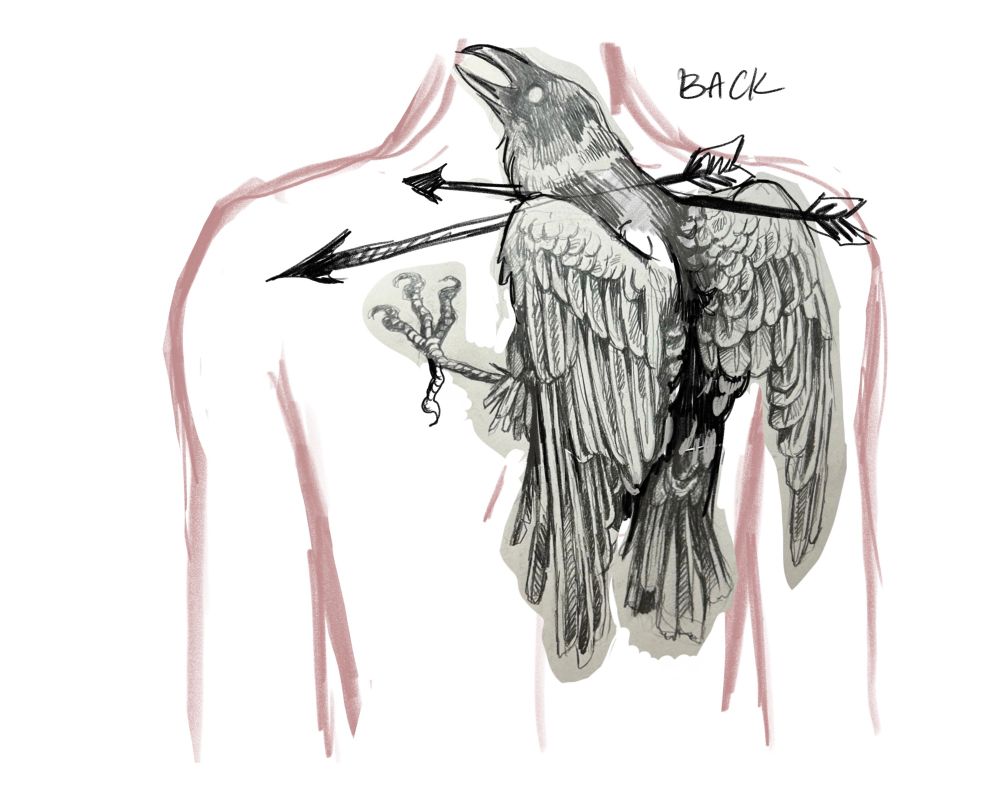 a large corvid pierced with arrows in the next, taking up most of the right side of the back