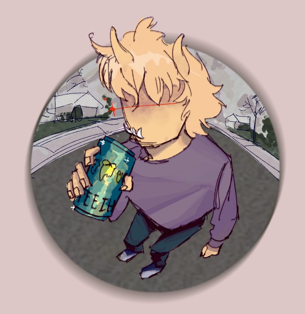 digital art in a sketchy style, a pale yellow eyeless character with floppy yellow hair holds up a shiny energy drink labeled 'teeth' in a fish-eye perspective