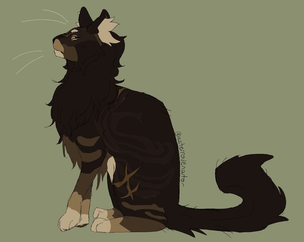 digital art of a dark brown tabby cat with a white belly, chin, ear fluff, and paws sitting in profile.