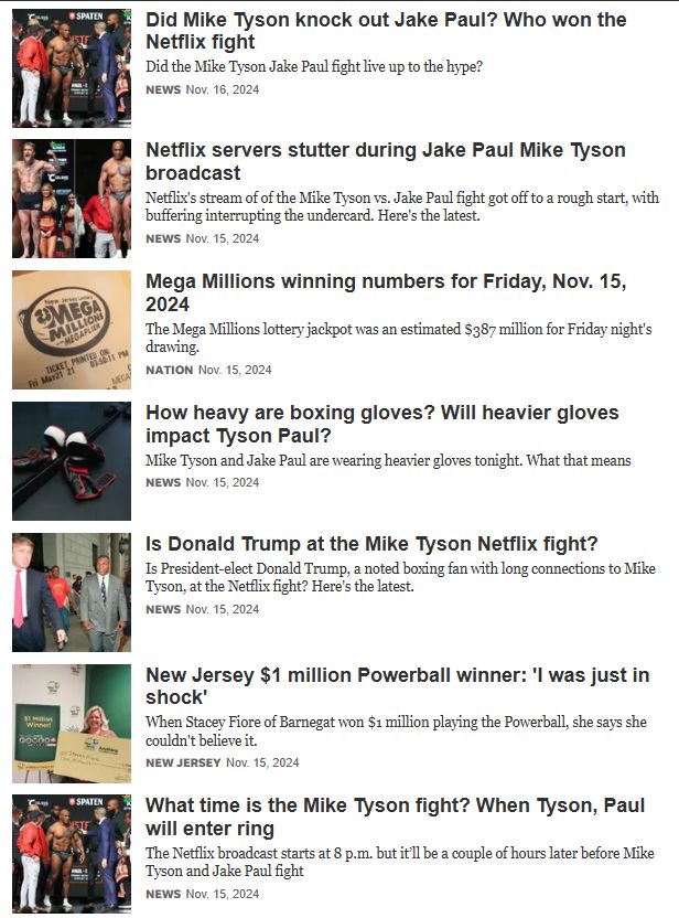 News feed from NorthJersey.com displaying sensationalized but mundane headlines about a celebrity boxing match, server issues during streaming, lottery numbers, boxing glove specifications, politician attendance speculation, and event timing details. Each headline attempts to create drama from basic information, accompanied by stock or promotional photos.