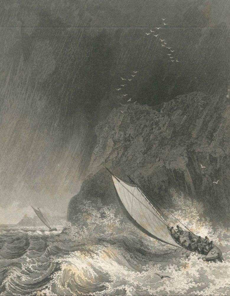 An  uncoloured illustration of wild seas in a squall with 2 small boats perilously close to rocks with seabirds rising in the distance.

Sir William Edward Parry (1790  1855) was an English rear-admiral and Arctic explorer. His 1819 voyage through the Parry Channel was probably the most successful in the long quest for the Northwest Passage. In 1827 he attempted one of the earliest expeditions to the North Pole. He reached 82°45′ North latitude, setting the record for human exploration farthest North. This  stood for nearly five decades before being surpassed at 83°20′26″ by Albert Hastings Markham in 1875–1876.