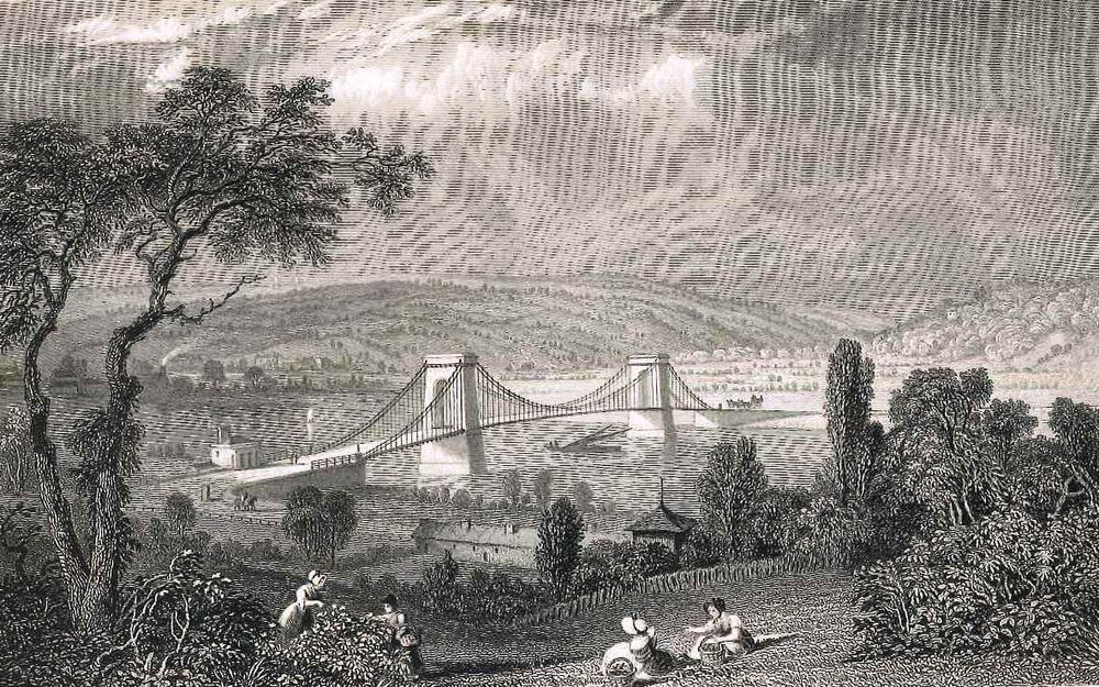 A scanned, uncoloured etching of the Scotswood Bridge surrounded by a bucolic rural idyll.