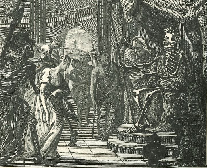 'Fable of the Court of Death' An illustration of a macabre court with Death sat on his throne with skeletal guards.