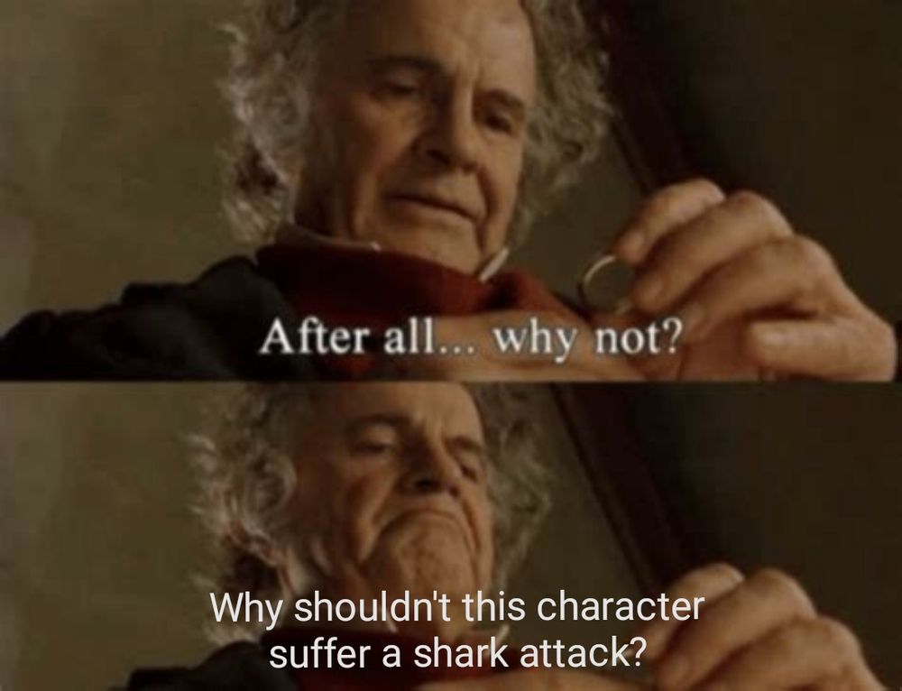 Zwei Panels, in denen Bilbo Beutlin auf den Einen Ring heruntersieht. Im ersten Panel dazu der Text: "After all... why not?". Und im zweiten Panel dazu der Text: "Why shouldn't this character suffer a shark attack?"