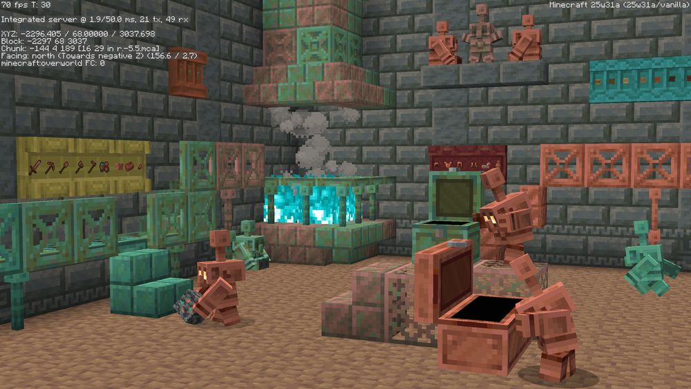 Three copper golems in a workshop, sorting items in chests. On the wall, there's several shelves containing some of the new items. The screenshot also has some text from the new customizable debug screen.