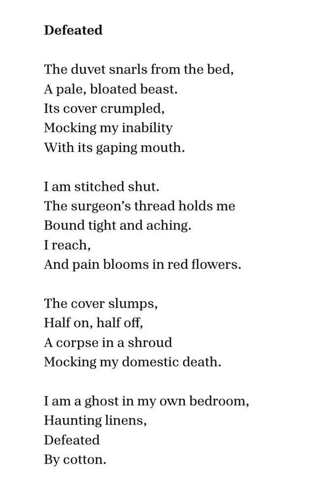 Defeated

The duvet snarls from the bed,
a pale, bloated beast.
Its cover crumpled,
mocking my inability
with its gaping mouth.

I am stitched shut.
The surgeon’s thread holds me
like a secret,
tight-lipped and aching.
I reach,
and pain blooms in red flowers.

The cover slumps,
half on, half off,
a corpse in a shroud
mocking my domestic death.

I am a ghost in my own bedroom,
haunting linens,
defeated
by cotton.