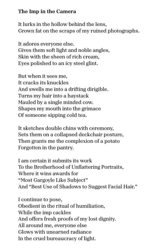 The Imp in the Camera

It lurks in the hollow behind the lens,
grown fat on the scraps of my ruined photographs.

It adores everyone else.
Gives them soft light and noble angles,
skin with the sheen of rich cream,
eyes polished to an icy steel glint.

But when it sees me,
it cracks its knuckles
and swells me into a drifting dirigible.
Turns my hair into a haystack
mauled by a single minded cow.
Shapes my mouth into the grimace
of someone sipping cold tea.

It sketches double chins with ceremony,
sets them on a collapsed deckchair posture,
then grants me the complexion of a potato
forgotten in the pantry.

I am certain it submits its work
to the Brotherhood of Unflattering Portraits,
where it wins awards for
“Most Gargoyle Like Subject”
and “Best Use of Shadows to Suggest Facial Hair.”

I continue to pose,
obedient in the ritual of humiliation,
while the imp cackles
and offers fresh proofs of my lost dignity.
All around me, everyone else
glows with unearned radiance
in the cruel bureaucracy of light.
