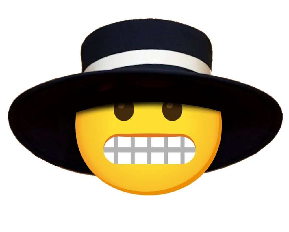 Alle Zähne zeigendes grinsendes Emoji mit schwarzem Hut tief im Gesicht