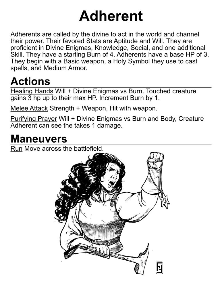Page from D12 Expeditions zine describing the adherent archetype with a picture of a woman with flowing black hair holding up an amulet and shouting.