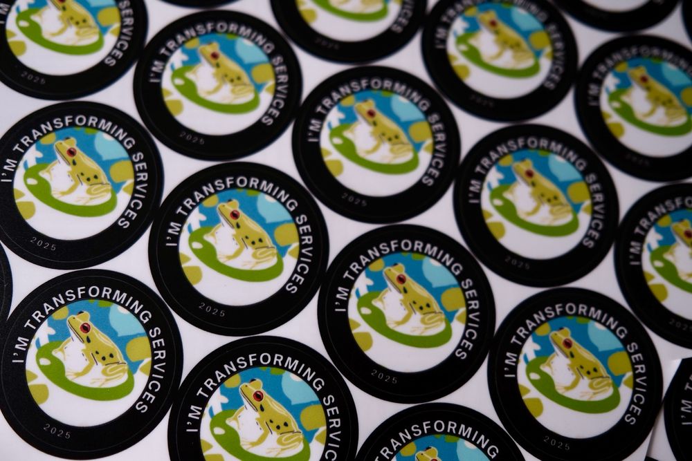 A sheet of stickers. They show a frog sitting on a lilly pad. They read ‘I’M TRANSFORMING SERVICES’ around the edge 