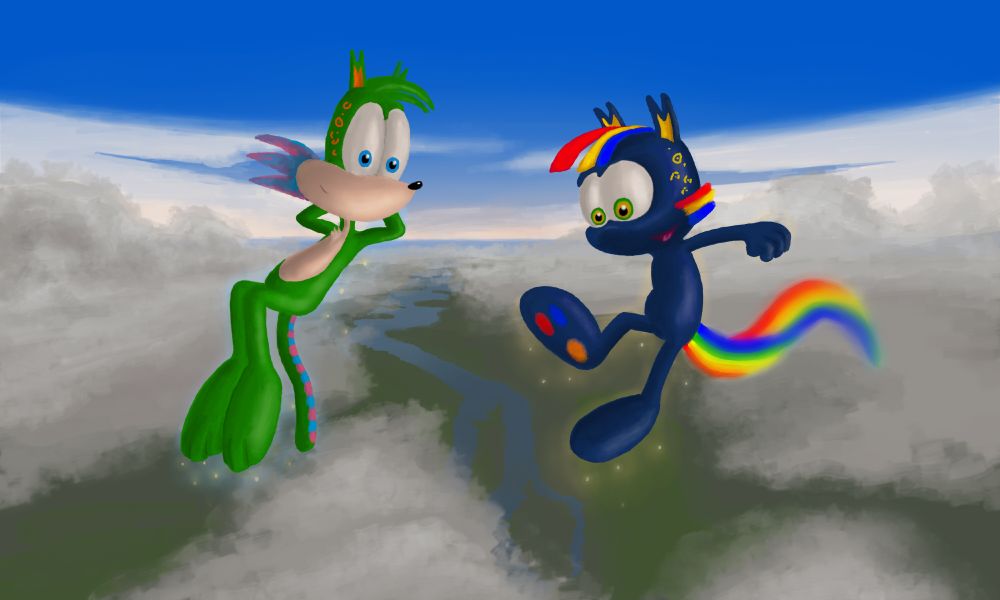 On the left the goblin creature, Sakura. On the right the spirit of water and air, Rainbow.
Dancing in the sky.