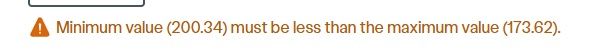 An error message on the British Gas website stating: "Minimum value (200.34) must be less than the maximum value (173.62)".