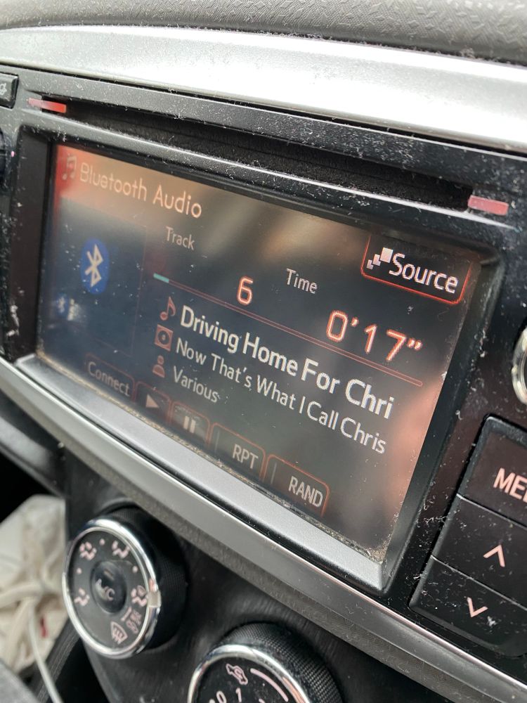 Media player in my car showing “Driving Home For Chri” from “Now That’s What I Call Chris” album. 