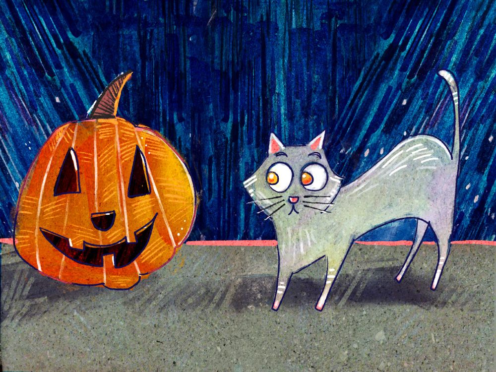 A carved pumpkin grins at a cat, who shows all signs of startled alarm-- eyes wide, tail up, toes pointed, background dramatic.