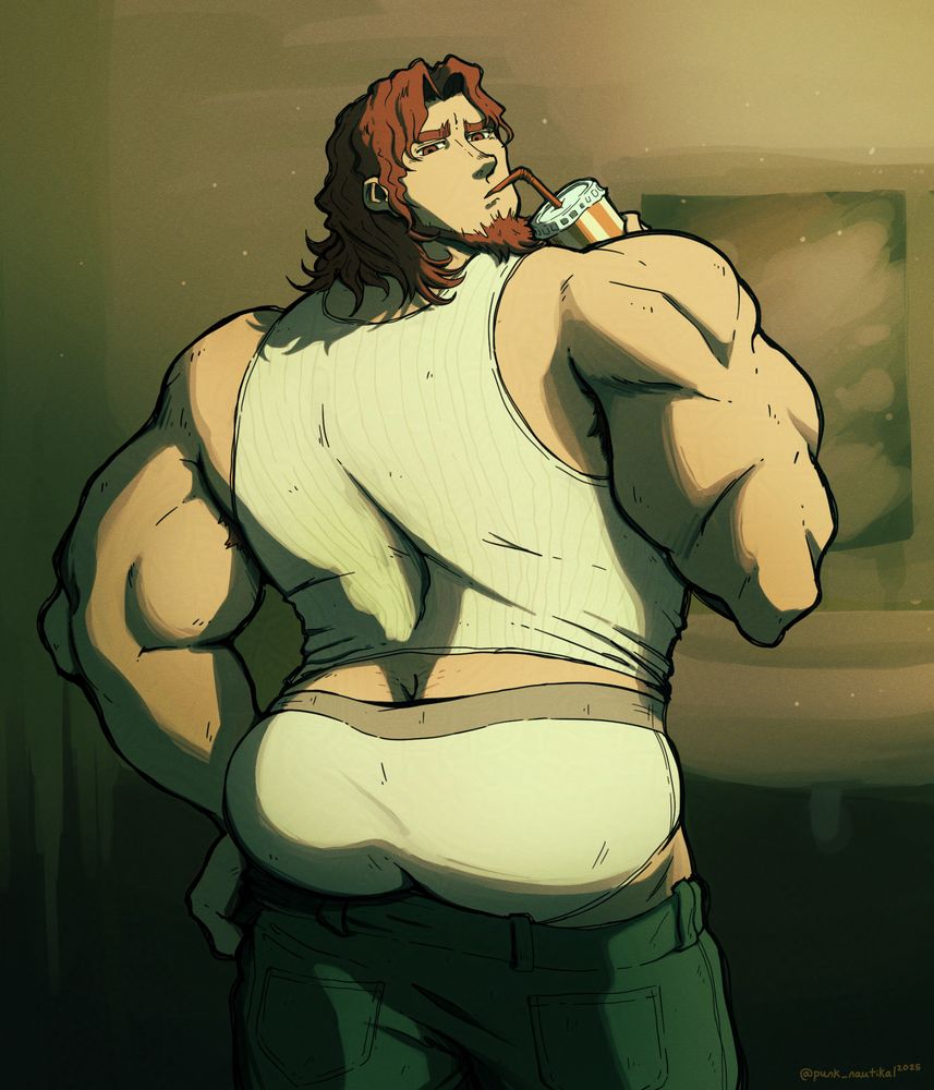 Q-Taro from YTTD in a fast food restroom, drinking a shake and having trouble pulling his pants up over his underwear.