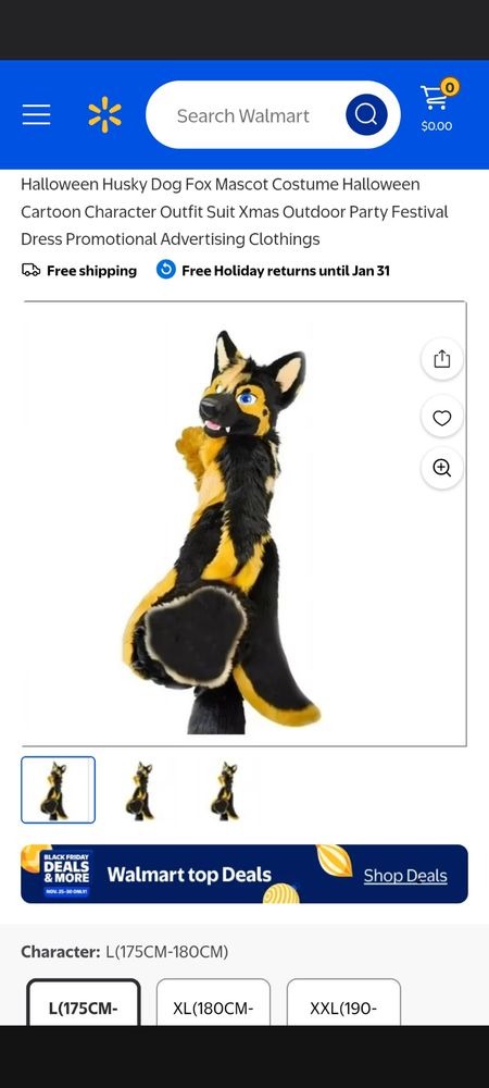 Walmart third party seller listing with a real picture of Saber but it's likely a scam knockoff of the suit