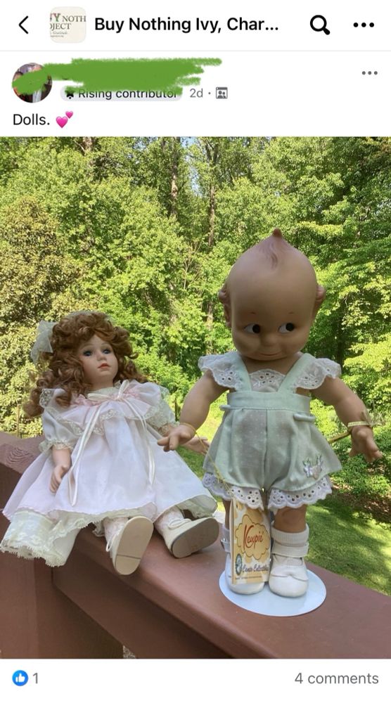 Screenshot of post in local Buy Nothing group. Two vintage-looking dolls on a deck railing. One has brown curly hair and a frilly dress, the other is standing in a mint green jumper and has a creepy Chuckie-esque face.
