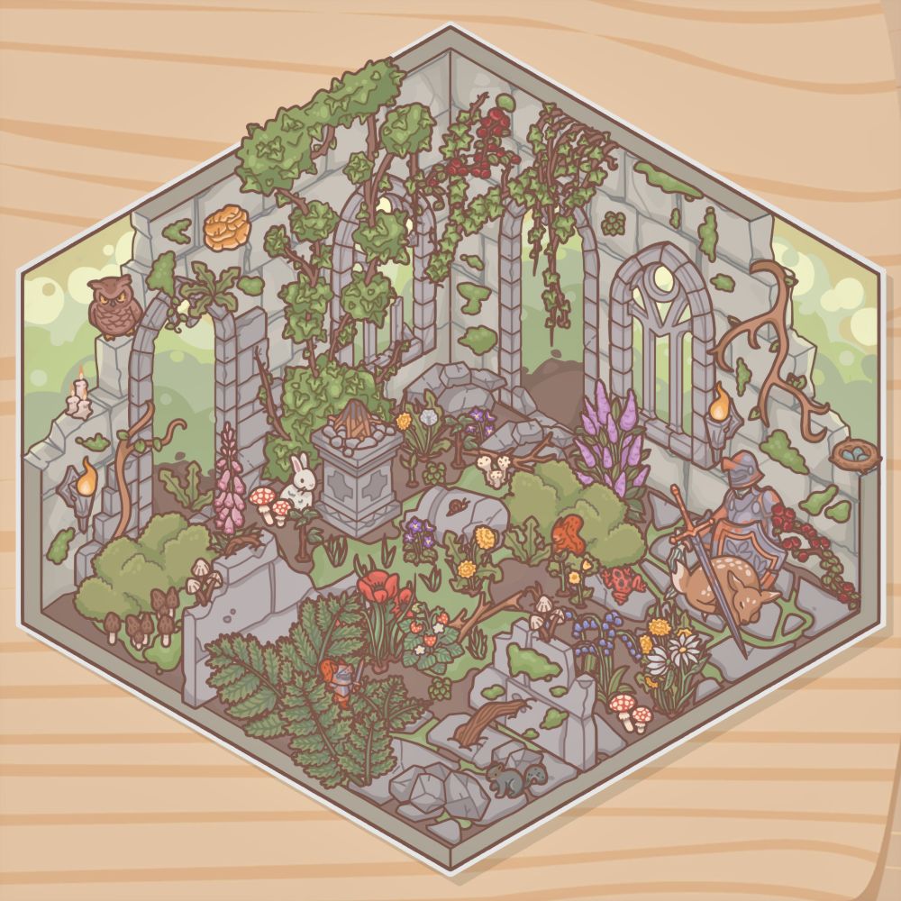 A screenshot from the game Little Corners showing overgrown ruins with quite a severe-looking owl and tons of foliage.