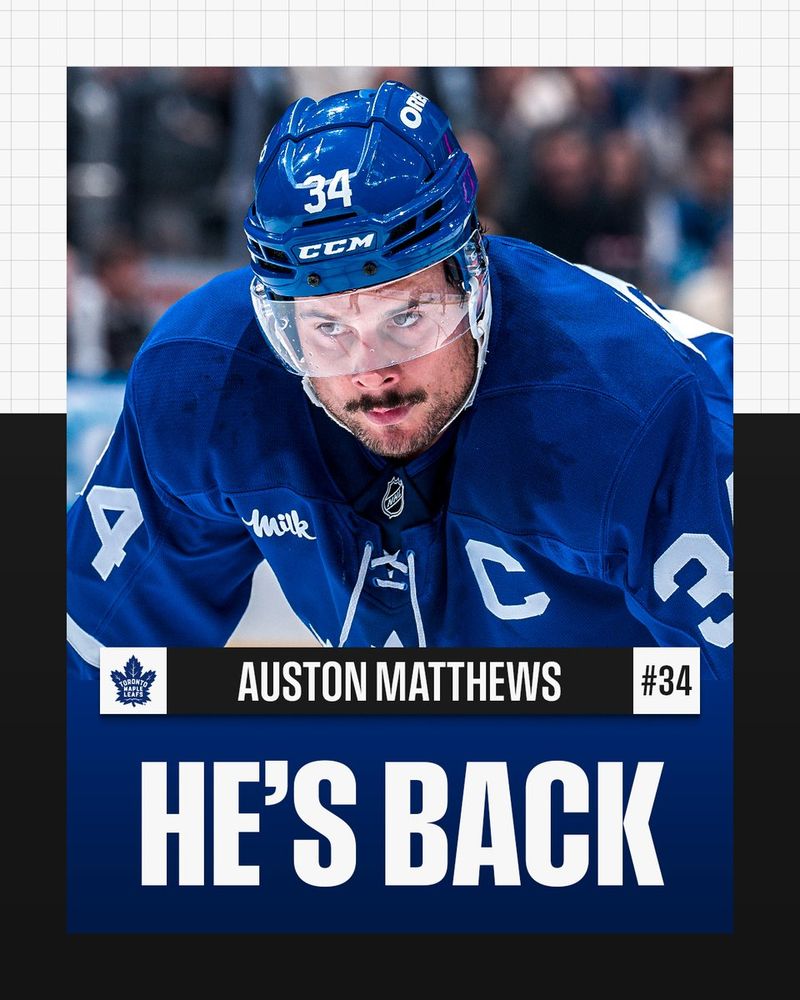 Top: Auston Matthews on ice during game action in a Maple Leafs uniform. 

Bottom: The Maple Leafs logo followed by, "Auston Matthews, #34". Below that is large white text on a blue background reading, "He's back".