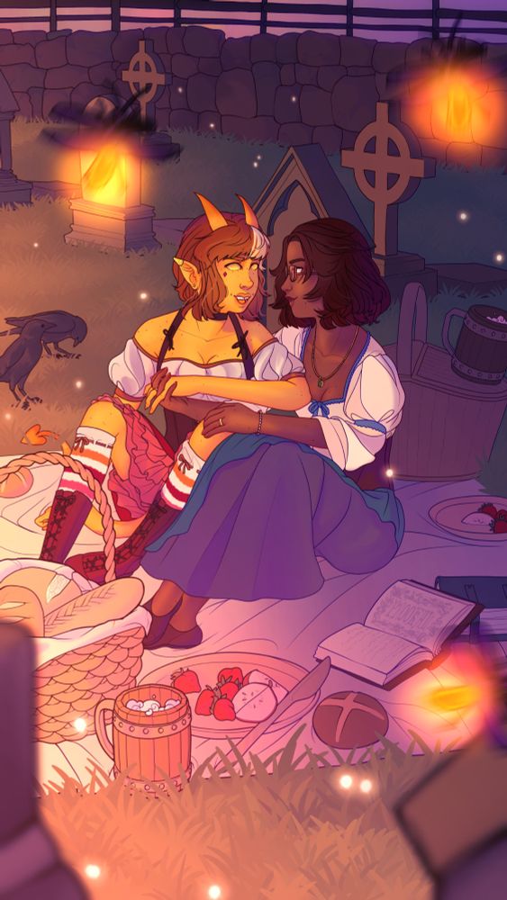 Illustration of two characters cuddling while having a picnic in a graveyard