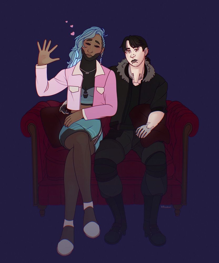 Illustration of a couple cozy on a couch and looking at the viewer 