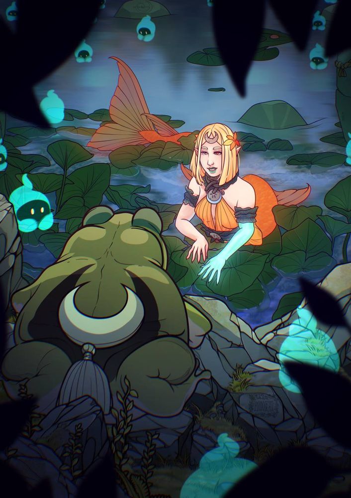 Art of a Melinoe from hades ii as a mermaid talking to a toad