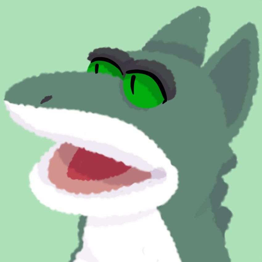 Art of a green sergal muppet looking left animatedly 