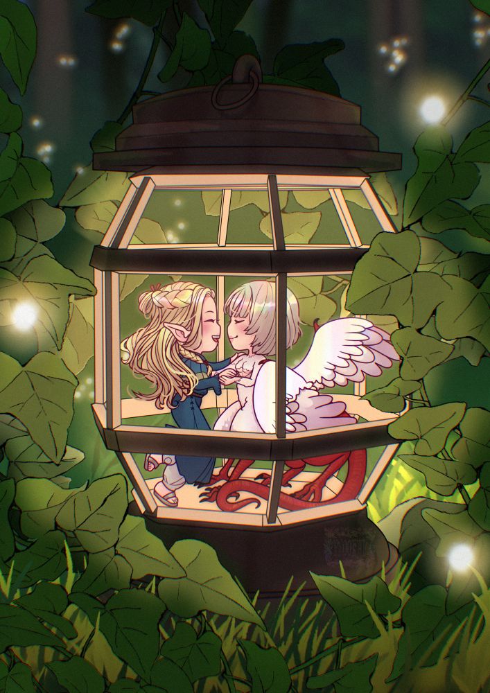 Illustration of Marcille and Falin from Delicious in Dungeon dancing together in a tiny lantern in the woods.  They’re laughing, and fireflies are scattered around them.