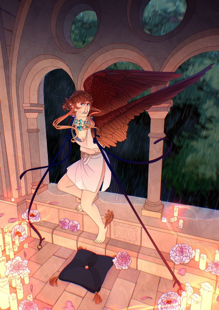 Illustration of a male harpy character struggling against ribbons while trapped in a tile chamber