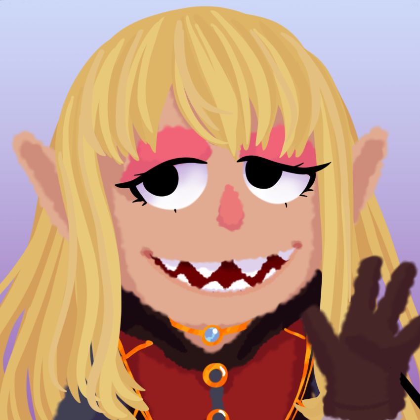 Art of a blonde muppet with sharp teeth smiling at the viewer 