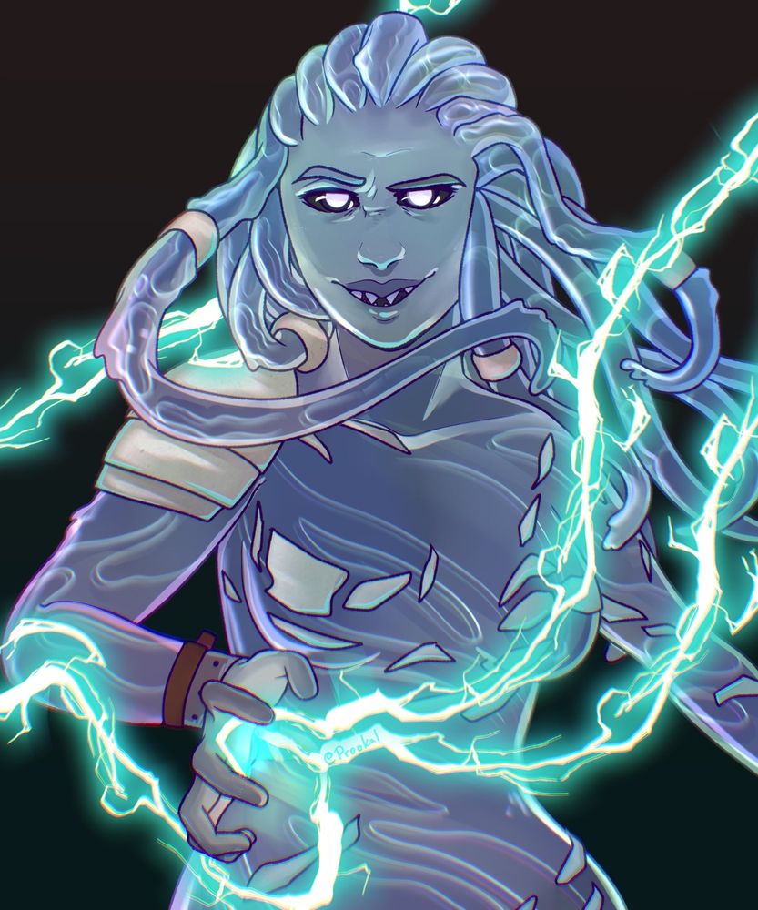 Art of a character made of water or goo summoning lightning and smirking at the viewer 