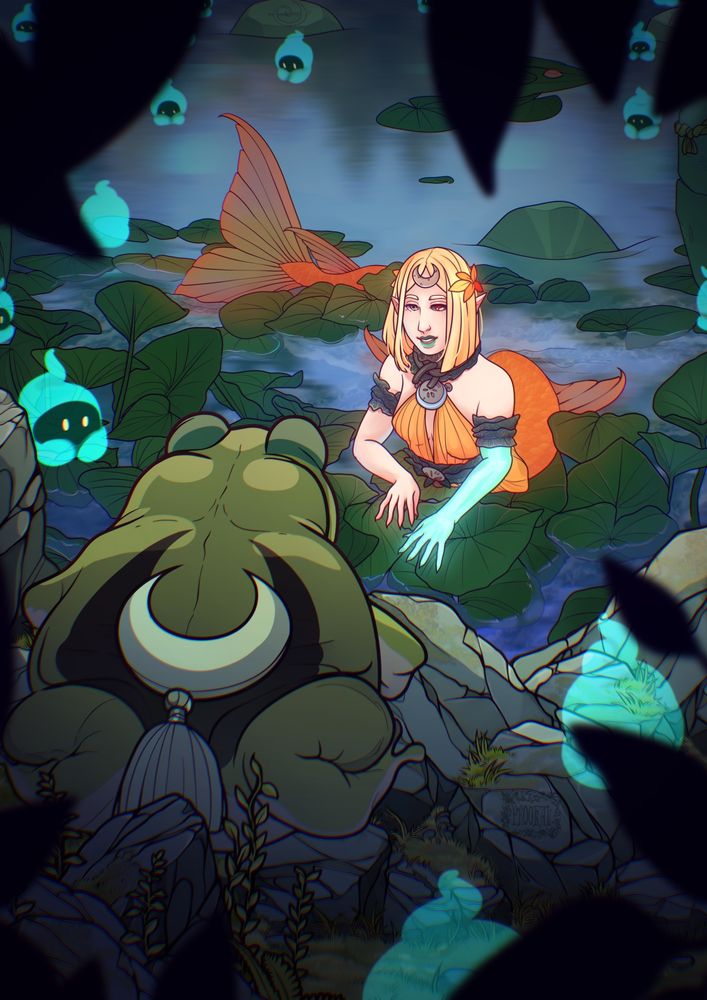 #art of Melinoe from #hades talking to her frog familiar while she’s in mermaid form