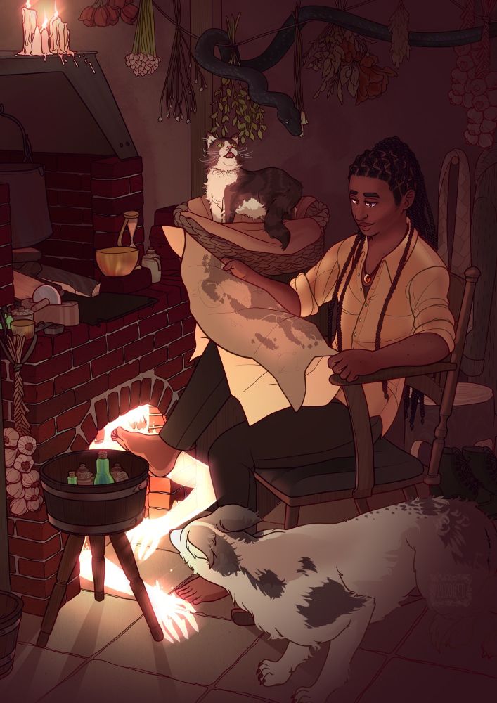 Illustration of a character in a fantasy setting reading a map 