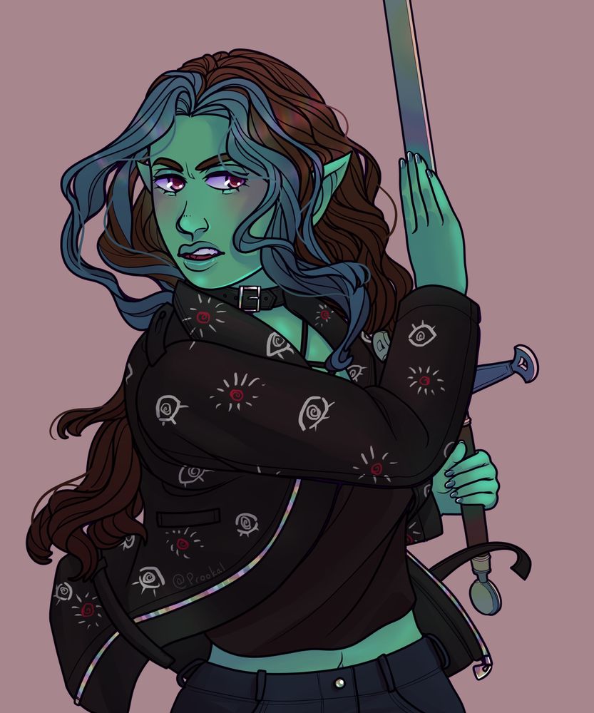 Art of a character swinging a sword looking annoyed 