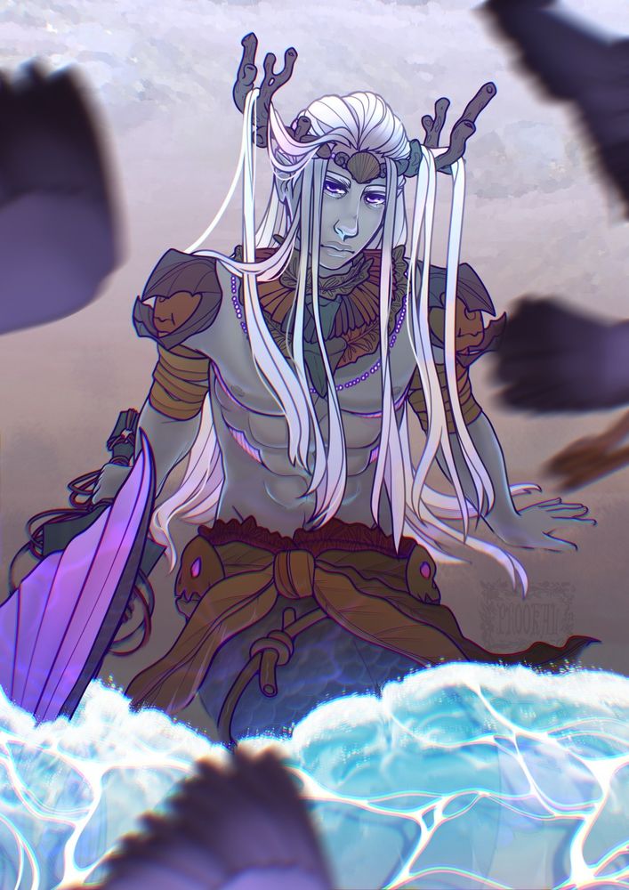 Art of moros from hades ii as a mermaid on a beach 