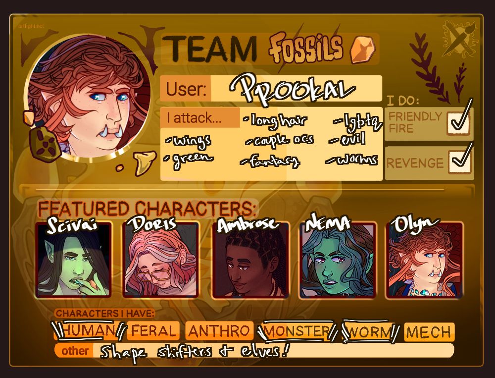 Artfight team card showing team fossils 