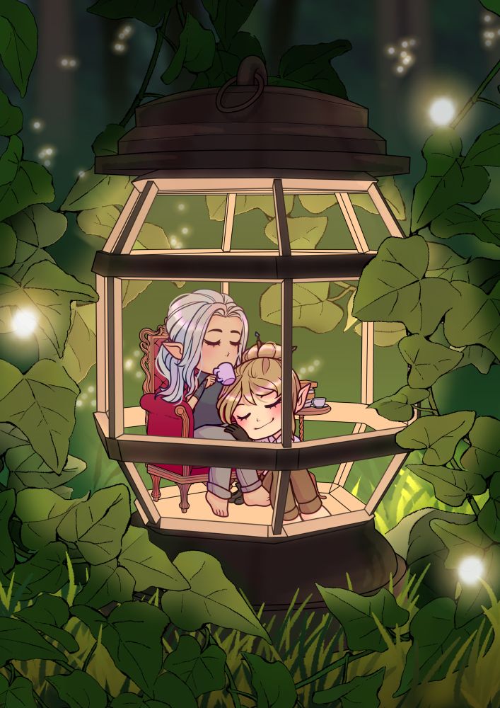 Illustration of two  characters cuddling in an oversized lantern in the woods 