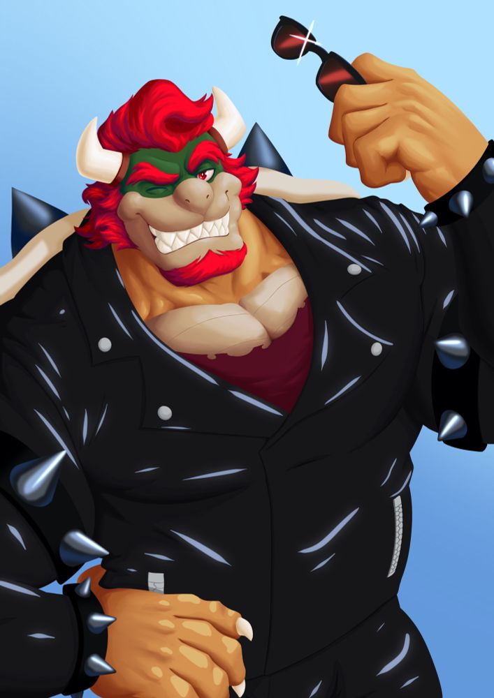 Bowser, in his biker suit, smiling at you. Something late for Bowser Day, jsjsjs