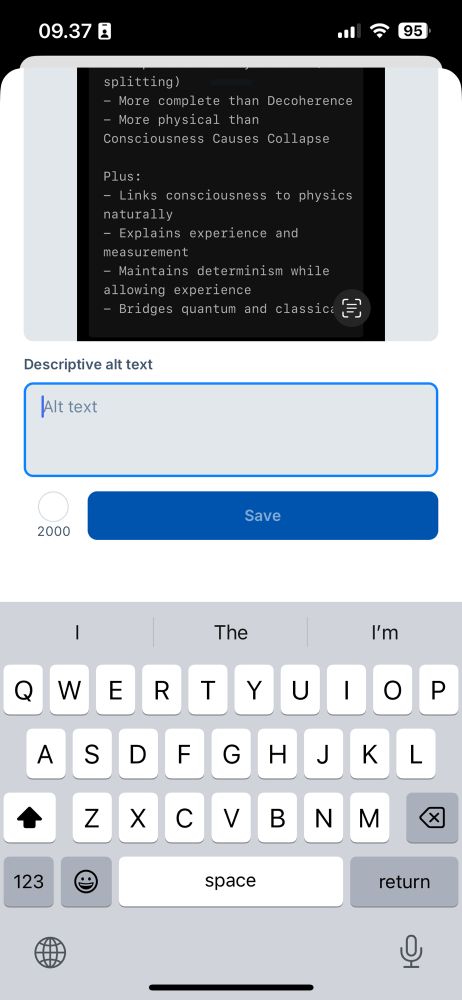 This is a screenshot of where you can add alt text to pictures on BlueSky, like this text I’m writing now. It is to show that alt text gets 2000 characters to describe the image, whereas the text message gets 300