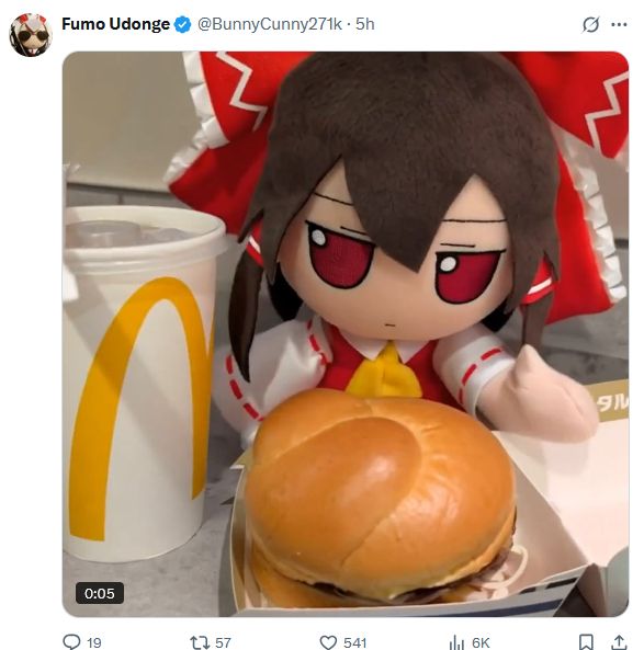 From a certain bunny cuntbag on Elon's Christian Minecraft server:

An AI video of the 1.5 Reimu fumo growing a mitted hand to eat a burger