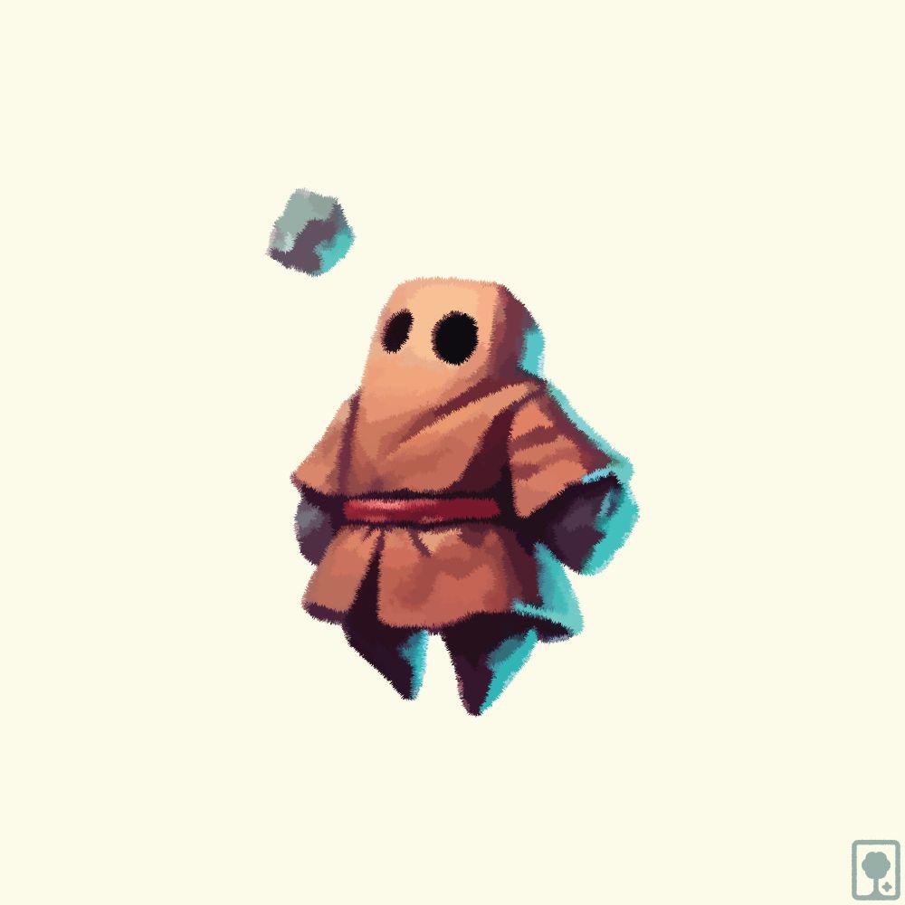 A whimsical floating rock golem in an orange robe with a small floating rock levitating above its head, set against a beige background.